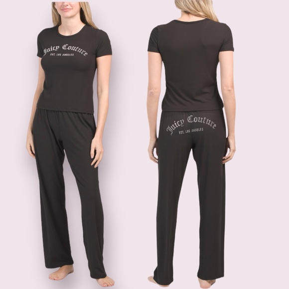 Juicy Couture 2PC Short Sleeve Top & Long Pants Pajama Set, Black - Picture 7 of 8
